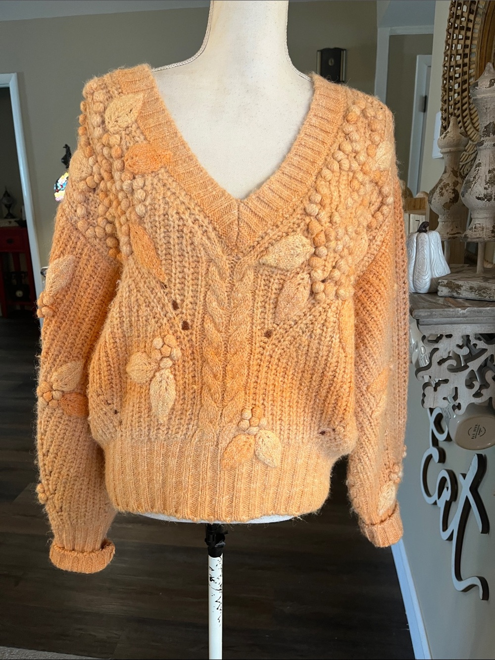 Anthropologie Peach V-Neck Floral Bobble Knit Sweater